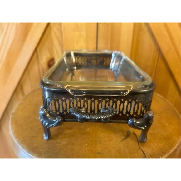 Vtg Anchor Hocking Fire King 1 Quart Rectangle Glass Casserole Dish Silver Tray - Picture 2 of 11